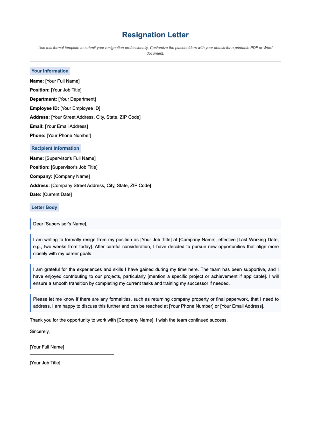 General resignation letter sample with placeholder fields and download prompt_variant_3